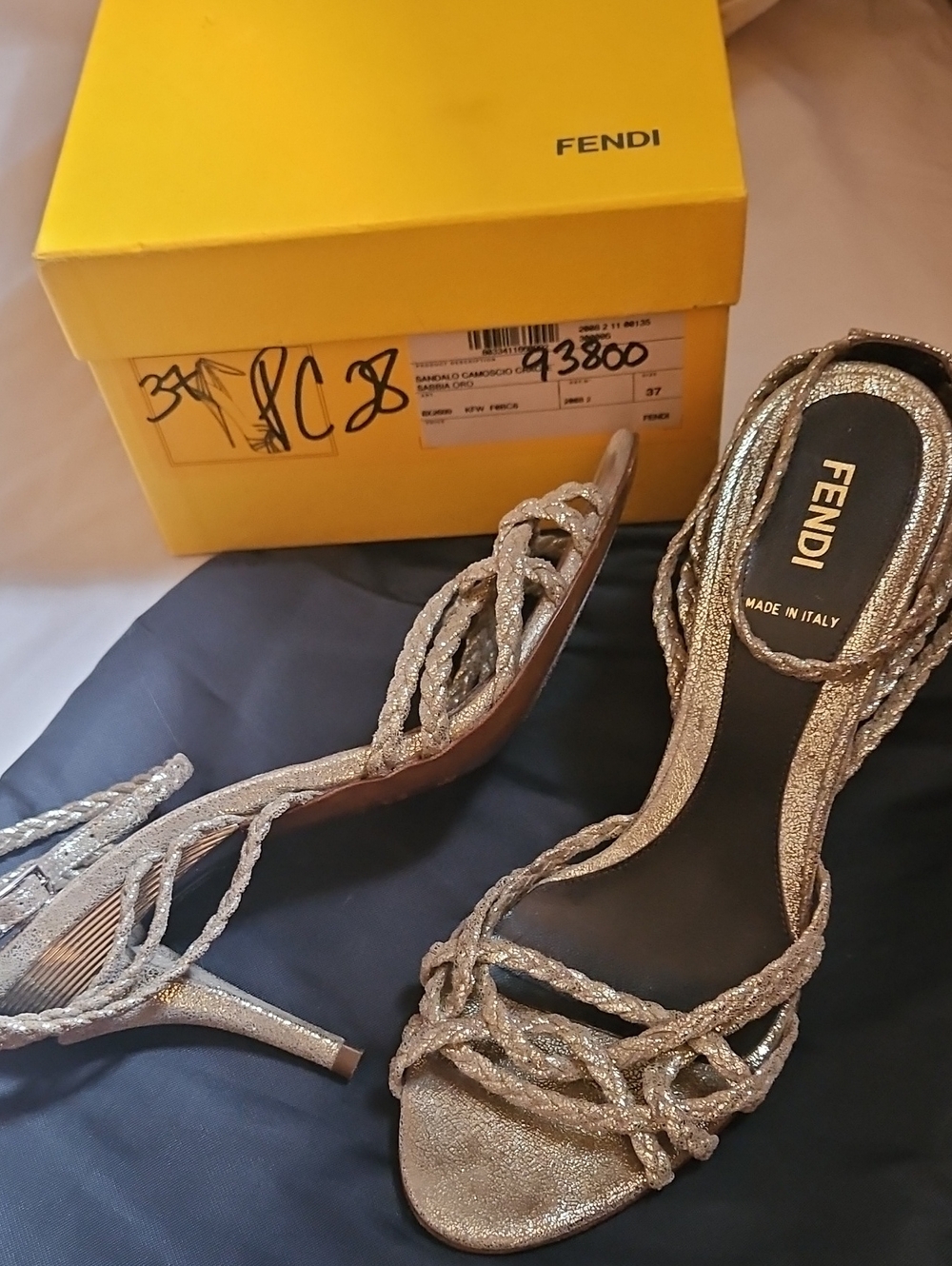 Fendi Vintage Metallic Gold Leather Braided Cage Stiletto Sandals Heels 37